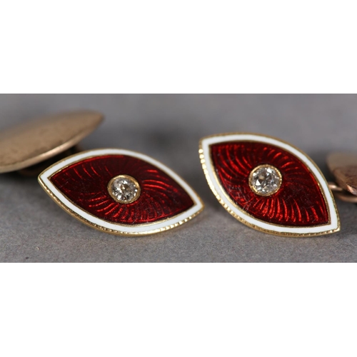 442 - A PAIR OF EARLY 20TH CENTURY DIAMOND AND RED GUILLOCHE ENAMEL CUFFLINKS, of marquise outline in 18ct... 