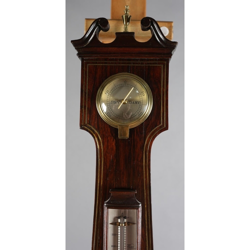 59 - A REGENCY ROSEWOOD AND BRASS INLAID BAROMETER BY F AMADIO, LONDON having a broken neck and brass urn... 