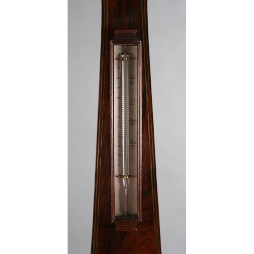 59 - A REGENCY ROSEWOOD AND BRASS INLAID BAROMETER BY F AMADIO, LONDON having a broken neck and brass urn... 