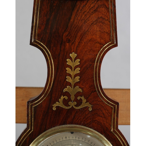 59 - A REGENCY ROSEWOOD AND BRASS INLAID BAROMETER BY F AMADIO, LONDON having a broken neck and brass urn... 