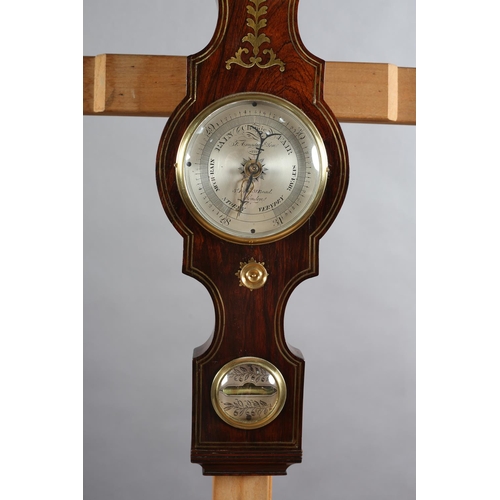 59 - A REGENCY ROSEWOOD AND BRASS INLAID BAROMETER BY F AMADIO, LONDON having a broken neck and brass urn... 