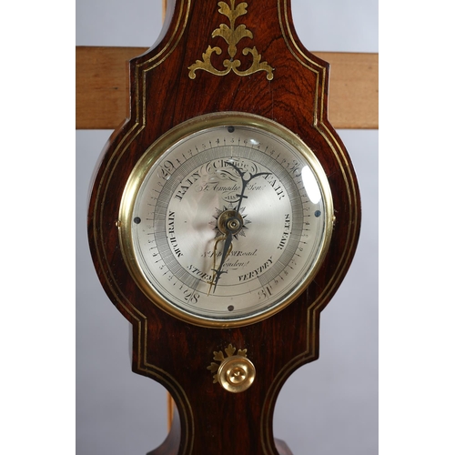 59 - A REGENCY ROSEWOOD AND BRASS INLAID BAROMETER BY F AMADIO, LONDON having a broken neck and brass urn... 