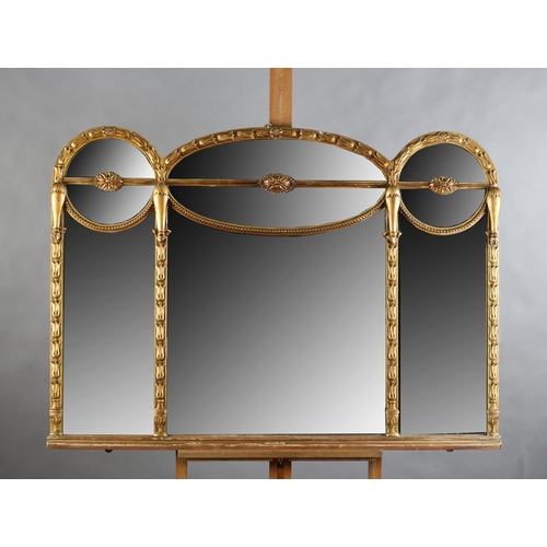 496 - AN EDWARD VII GILTWOOD AND GESSO OVERMANTEL MIRROR, of triple arched profile and panels with harebel... 