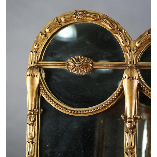 496 - AN EDWARD VII GILTWOOD AND GESSO OVERMANTEL MIRROR, of triple arched profile and panels with harebel... 