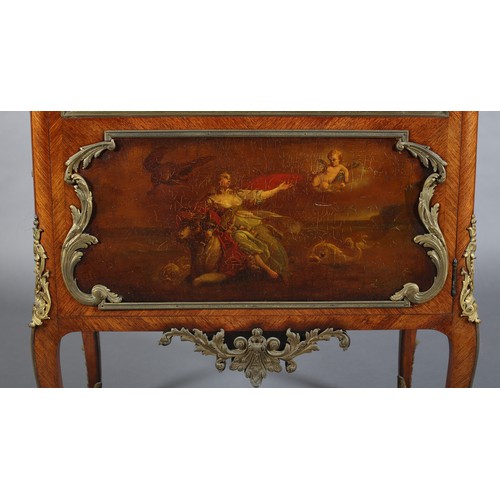 504 - AN EARLY 20TH CENTURY FRENCH KINGWOOD AND ROUGE MARBLE AND GILT METAL MOUNTED VITRENE, having a thre... 