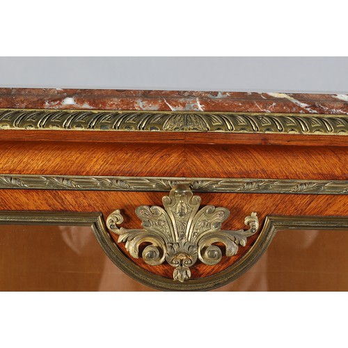 504 - AN EARLY 20TH CENTURY FRENCH KINGWOOD AND ROUGE MARBLE AND GILT METAL MOUNTED VITRENE, having a thre... 