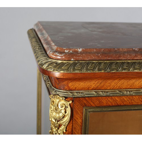 504 - AN EARLY 20TH CENTURY FRENCH KINGWOOD AND ROUGE MARBLE AND GILT METAL MOUNTED VITRENE, having a thre... 