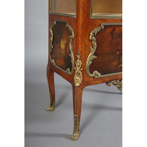 504 - AN EARLY 20TH CENTURY FRENCH KINGWOOD AND ROUGE MARBLE AND GILT METAL MOUNTED VITRENE, having a thre... 