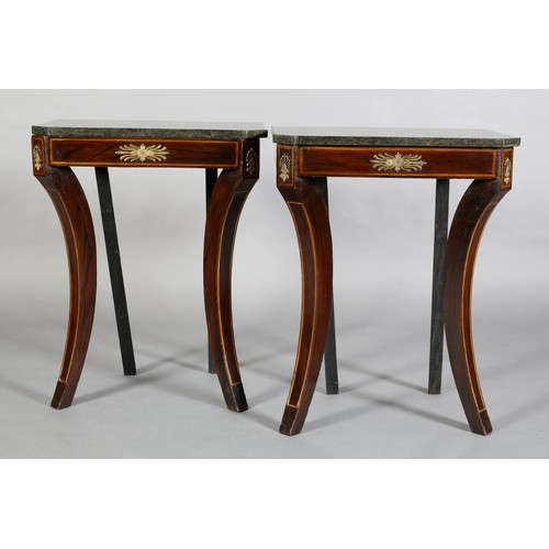 505 - A PAIR OF MAHOGANY AND MARBLE SIDE TABLES OF EMPIRE STYLE, rectangular with canted front corners, sa... 