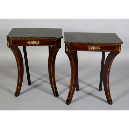 505 - A PAIR OF MAHOGANY AND MARBLE SIDE TABLES OF EMPIRE STYLE, rectangular with canted front corners, sa... 