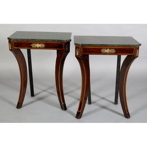 505 - A PAIR OF MAHOGANY AND MARBLE SIDE TABLES OF EMPIRE STYLE, rectangular with canted front corners, sa... 