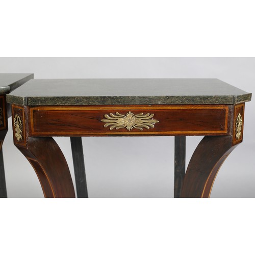 505 - A PAIR OF MAHOGANY AND MARBLE SIDE TABLES OF EMPIRE STYLE, rectangular with canted front corners, sa... 