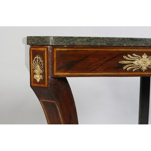 505 - A PAIR OF MAHOGANY AND MARBLE SIDE TABLES OF EMPIRE STYLE, rectangular with canted front corners, sa... 