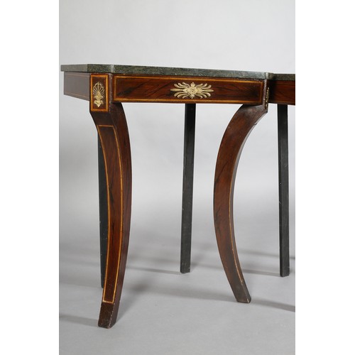 505 - A PAIR OF MAHOGANY AND MARBLE SIDE TABLES OF EMPIRE STYLE, rectangular with canted front corners, sa... 