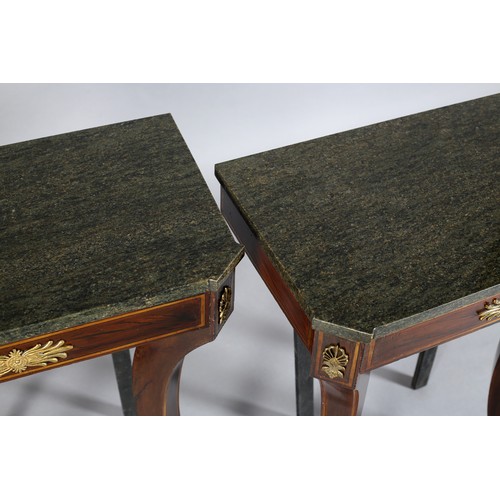 505 - A PAIR OF MAHOGANY AND MARBLE SIDE TABLES OF EMPIRE STYLE, rectangular with canted front corners, sa... 