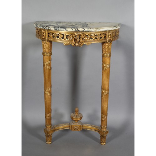 499 - A FRENCH LOUIS XVI STYLE GILTWOOD AND GESSO PIER GLASS AND CONSOLE TABLE, painted with a cherub amon... 