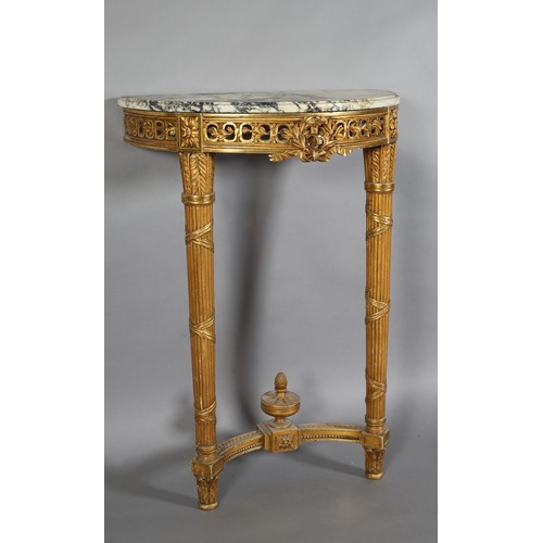 499 - A FRENCH LOUIS XVI STYLE GILTWOOD AND GESSO PIER GLASS AND CONSOLE TABLE, painted with a cherub amon... 