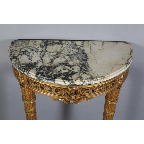 499 - A FRENCH LOUIS XVI STYLE GILTWOOD AND GESSO PIER GLASS AND CONSOLE TABLE, painted with a cherub amon... 