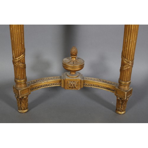 499 - A FRENCH LOUIS XVI STYLE GILTWOOD AND GESSO PIER GLASS AND CONSOLE TABLE, painted with a cherub amon... 