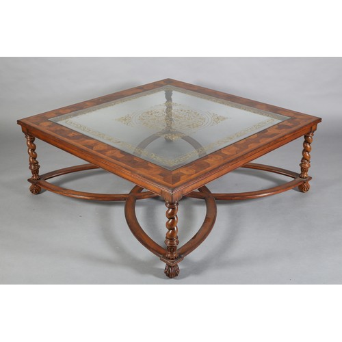 500 - A JONATHAN CHARLES WALNUT OYSTER VENEER AND GLASS COFFEE TABLE, of square outline, crossbanded, and ... 