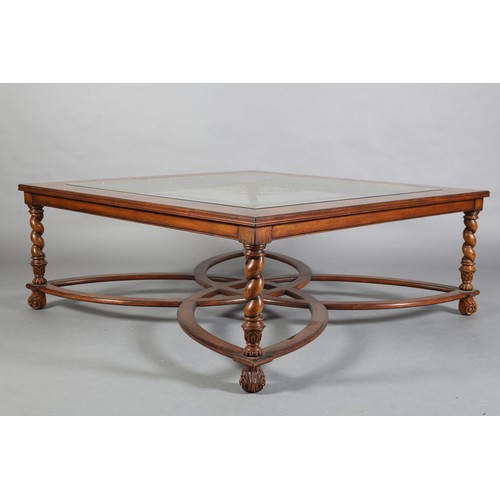 500 - A JONATHAN CHARLES WALNUT OYSTER VENEER AND GLASS COFFEE TABLE, of square outline, crossbanded, and ... 