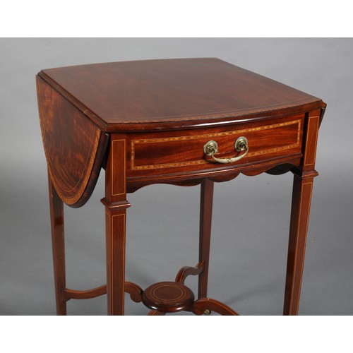 502 - AN EDWARD VII MAHOGANY AND SATINWOOD BANDED PEMBROKE TABLE, having twin oval drop leaves, drawer to ... 