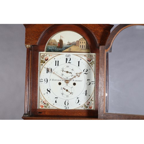 56 - AN EARLY 19TH CENTURY OAK AND MAHOGANY BANDED LONGCASE CLOCK by John Bancroft of Scarborough (1780-1... 