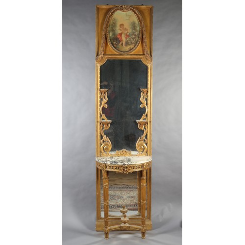 499 - A FRENCH LOUIS XVI STYLE GILTWOOD AND GESSO PIER GLASS AND CONSOLE TABLE, painted with a cherub amon... 