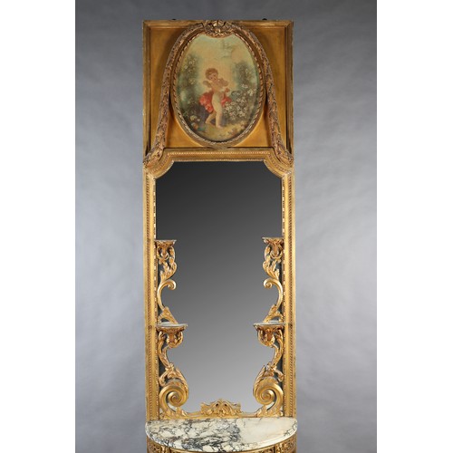 499 - A FRENCH LOUIS XVI STYLE GILTWOOD AND GESSO PIER GLASS AND CONSOLE TABLE, painted with a cherub amon... 