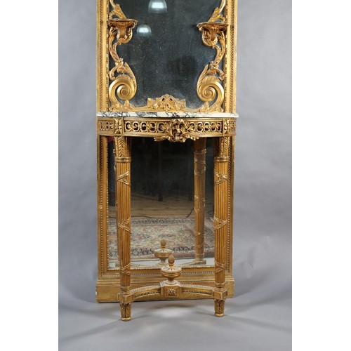 499 - A FRENCH LOUIS XVI STYLE GILTWOOD AND GESSO PIER GLASS AND CONSOLE TABLE, painted with a cherub amon... 