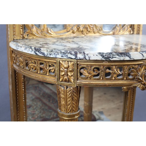 499 - A FRENCH LOUIS XVI STYLE GILTWOOD AND GESSO PIER GLASS AND CONSOLE TABLE, painted with a cherub amon... 