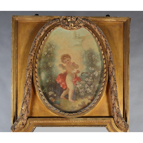 499 - A FRENCH LOUIS XVI STYLE GILTWOOD AND GESSO PIER GLASS AND CONSOLE TABLE, painted with a cherub amon... 