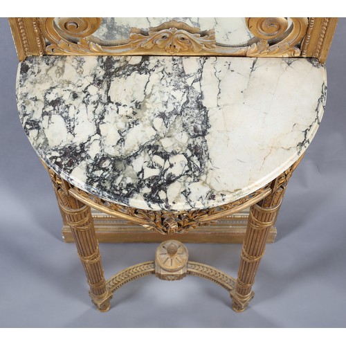 499 - A FRENCH LOUIS XVI STYLE GILTWOOD AND GESSO PIER GLASS AND CONSOLE TABLE, painted with a cherub amon... 