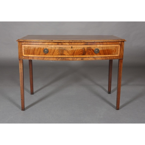 314 - A GEORGE III MAHOGANY CROSSBANDED AND EBONY LINE INLAID BOW FRONTED SIDE TABLE, having a drawer to t... 