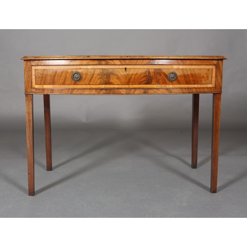 314 - A GEORGE III MAHOGANY CROSSBANDED AND EBONY LINE INLAID BOW FRONTED SIDE TABLE, having a drawer to t... 
