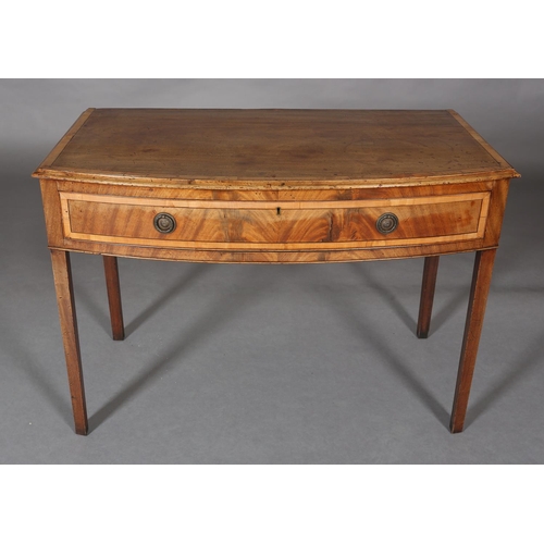 314 - A GEORGE III MAHOGANY CROSSBANDED AND EBONY LINE INLAID BOW FRONTED SIDE TABLE, having a drawer to t... 
