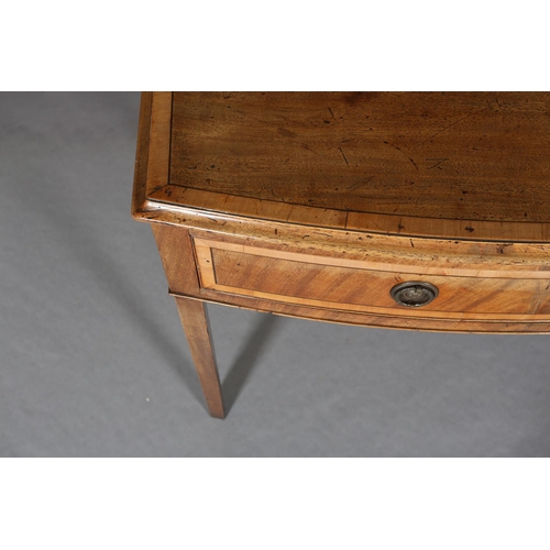 314 - A GEORGE III MAHOGANY CROSSBANDED AND EBONY LINE INLAID BOW FRONTED SIDE TABLE, having a drawer to t... 