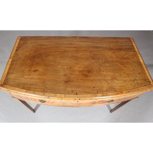 314 - A GEORGE III MAHOGANY CROSSBANDED AND EBONY LINE INLAID BOW FRONTED SIDE TABLE, having a drawer to t... 