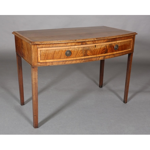 314 - A GEORGE III MAHOGANY CROSSBANDED AND EBONY LINE INLAID BOW FRONTED SIDE TABLE, having a drawer to t... 