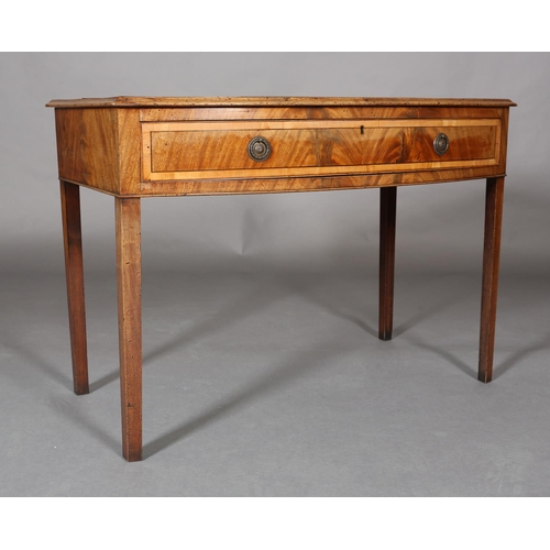 314 - A GEORGE III MAHOGANY CROSSBANDED AND EBONY LINE INLAID BOW FRONTED SIDE TABLE, having a drawer to t... 