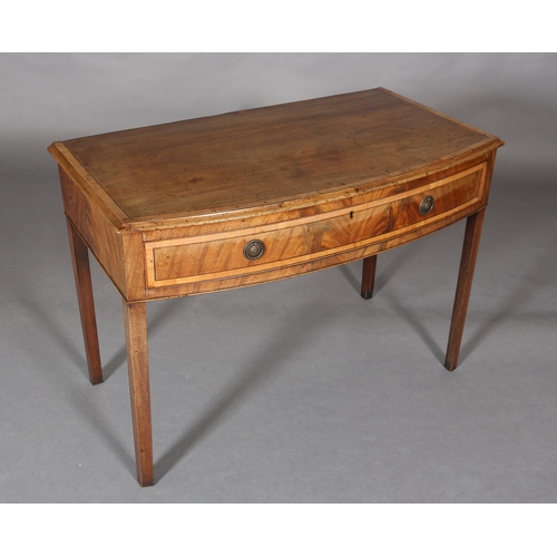 314 - A GEORGE III MAHOGANY CROSSBANDED AND EBONY LINE INLAID BOW FRONTED SIDE TABLE, having a drawer to t... 