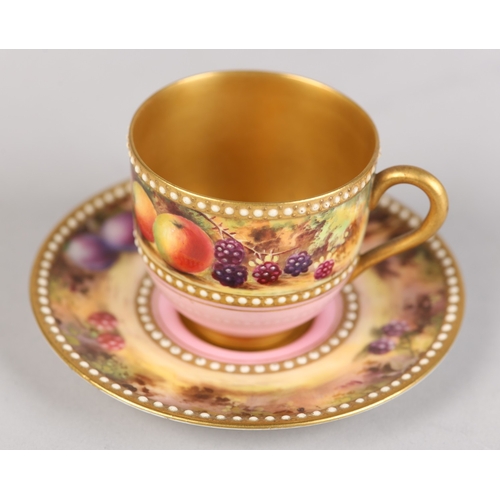 57 - A ROYAL WORCESTER CHINA FRUIT PAINTED CABINET CUP AND SAUCER, signed H E Everett, internally painted... 