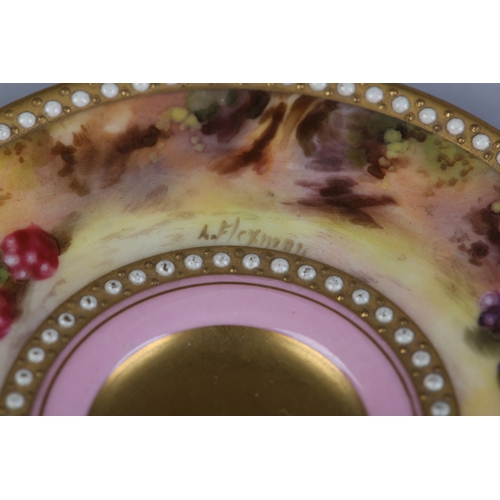 57 - A ROYAL WORCESTER CHINA FRUIT PAINTED CABINET CUP AND SAUCER, signed H E Everett, internally painted... 