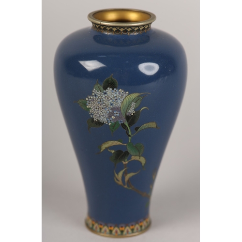 92 - A JAPANESE CLOISONNE VASE, Meiji period, the inverted baluster body with flowering branches of hydra... 