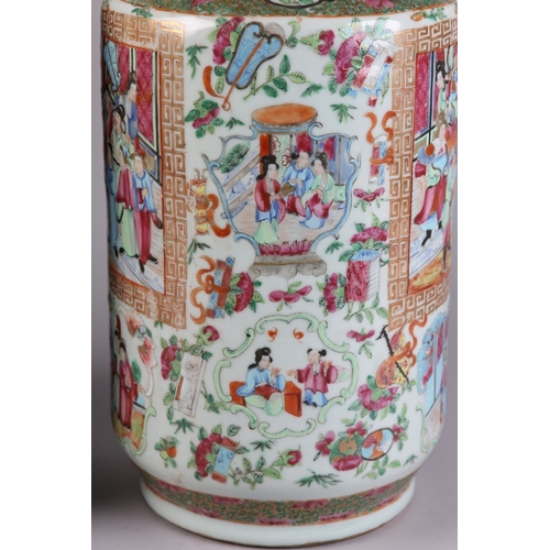 83 - A PAIR OF MID 19TH CENTURY CHINESE FAMILLE ROSE VASES, the shouldered body and ring moulded neck ena... 