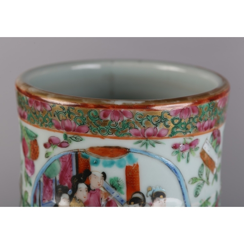 83 - A PAIR OF MID 19TH CENTURY CHINESE FAMILLE ROSE VASES, the shouldered body and ring moulded neck ena... 