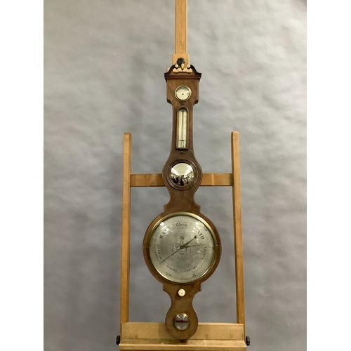 56 - AN EARLY 19TH CENTURY MAHOGANY BANJO BAROMETER-THERMOMETER, having a broken arch pediment with gilt ... 