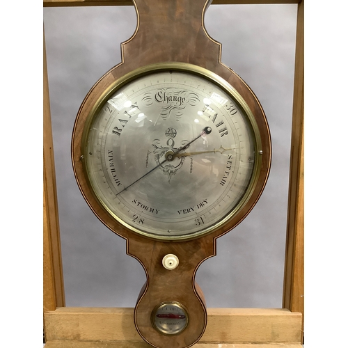 56 - AN EARLY 19TH CENTURY MAHOGANY BANJO BAROMETER-THERMOMETER, having a broken arch pediment with gilt ... 