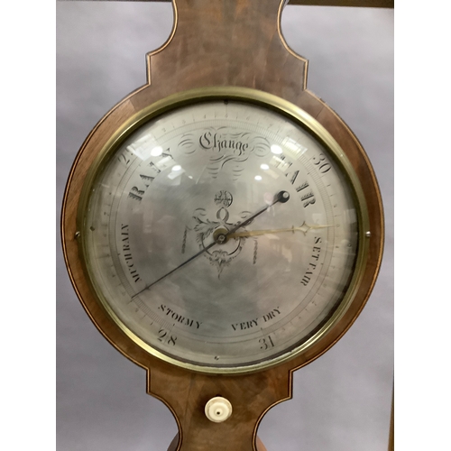 56 - AN EARLY 19TH CENTURY MAHOGANY BANJO BAROMETER-THERMOMETER, having a broken arch pediment with gilt ... 