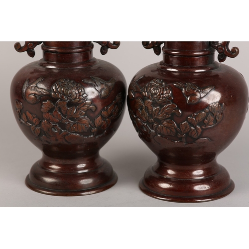 9 - A PAIR OF JAPANESE BRONZE VASES, Meiji period, flared and collared neck with twin phoenix handles, a... 